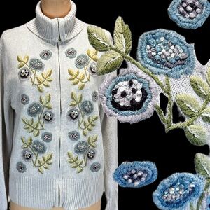 VINTAGE woodsy wildflower embroidery‎ knit sweater cardigan shawl collar floral